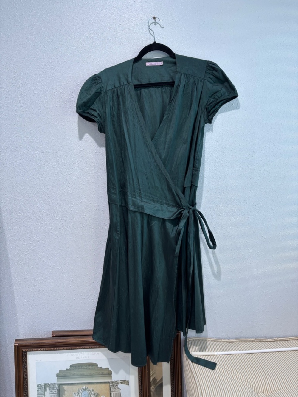 Calypso St. Barth Christiane Celle Forest Green 100% Taffeta Silk Wrap Dress